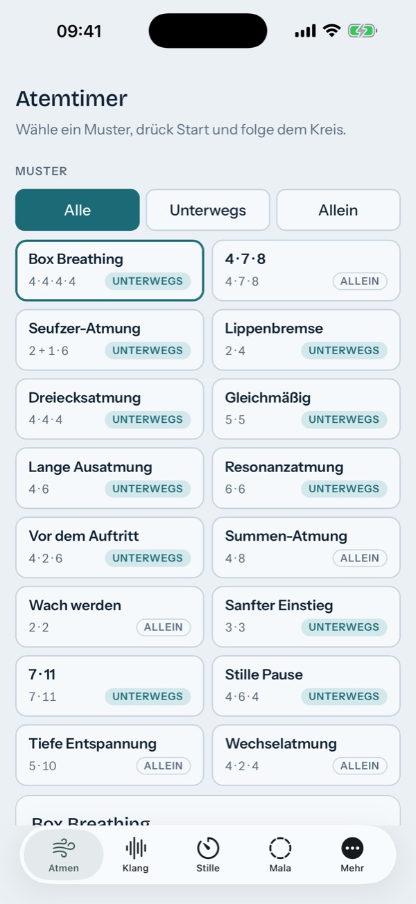 Atmen: Musterauswahl mit Filter Alle, Unterwegs und Allein