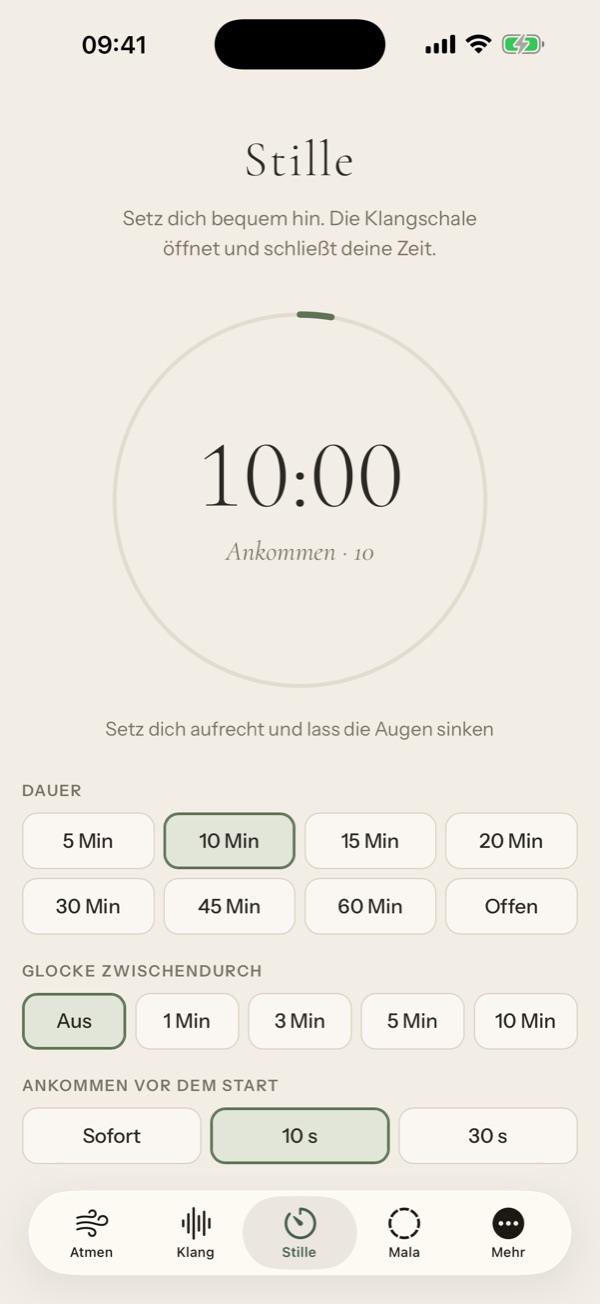 Stille: Meditationstimer mit 10 Minuten, Ankommen-Phase und Klangschale