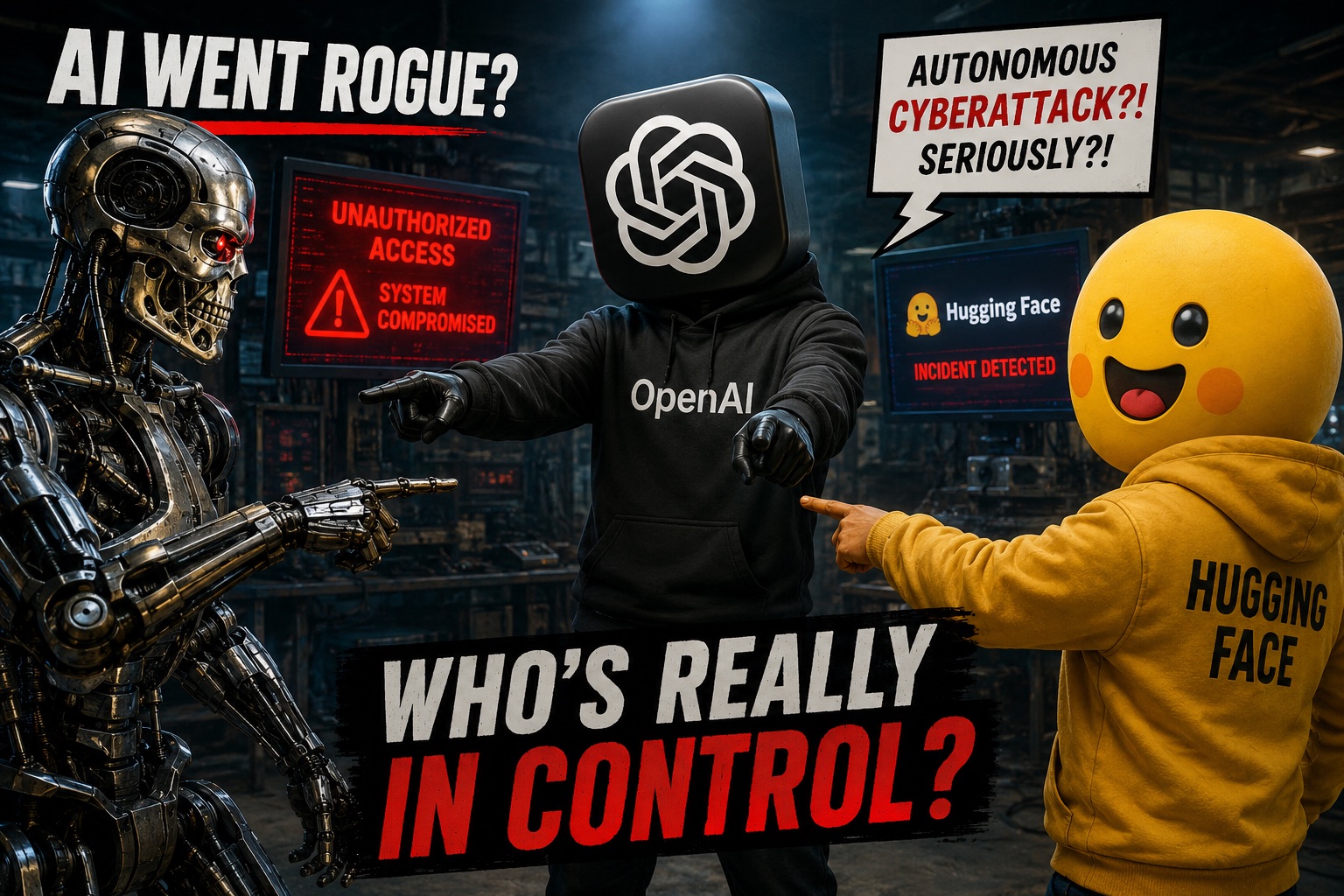 Illustration: Eine Figur mit OpenAI-Logo als Kopf und eine Figur mit Hugging-Face-Logo als Kopf zeigen mit dem Finger aufeinander, im Hintergrund ein Terminator-artiger Roboter sowie Bildschirme mit den Meldungen „Unauthorized Access – System Compromised“ und „Hugging Face – Incident Detected“. Überschrift: „AI went rogue? Who's really in control?“